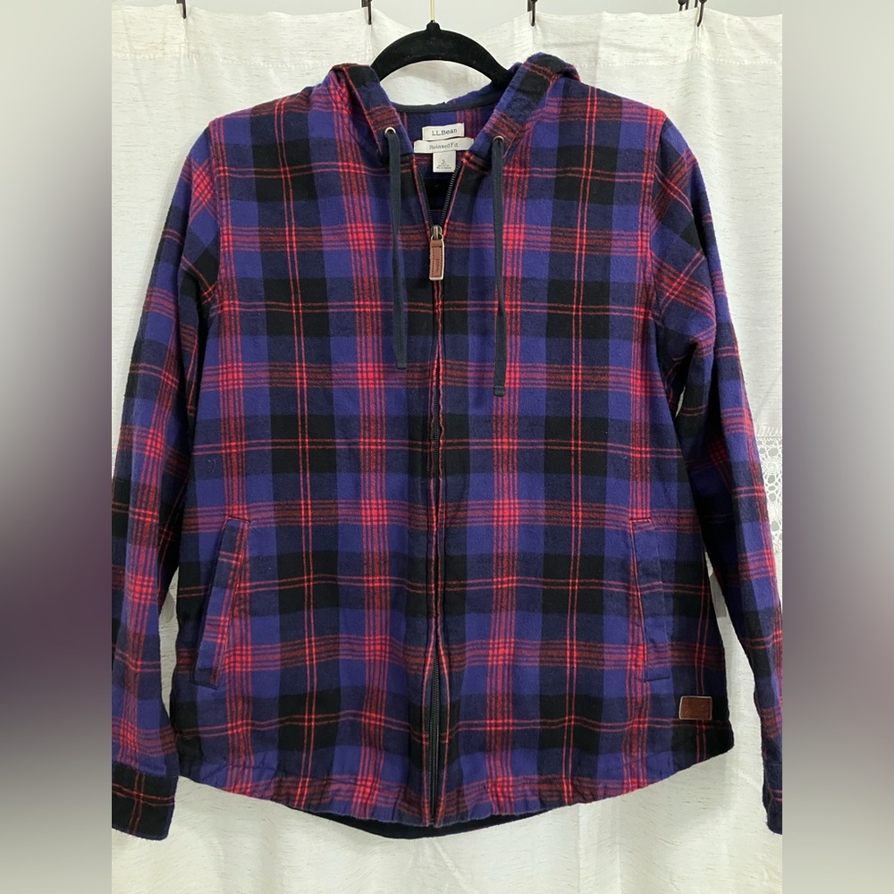 LL Bean Hoodie Shirt Womens Small Purple Black Scotch Plaid Zip Up Relaxed Fit